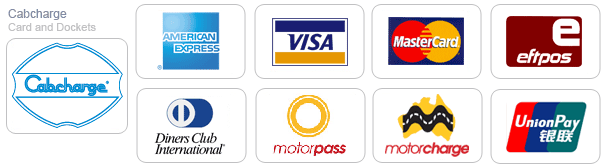 13CABS accepts American Express, VISA, MasterCard, Diners Club, Motor Pass, JCB, EFTPOS